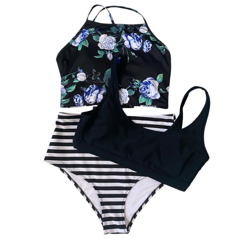 Cupshe Striped Floral High Waist Bikini Bundle Medium